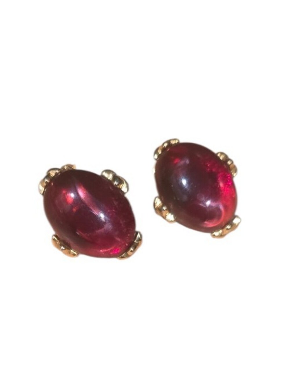 Vtg Gold-Trim Ruby Red Oval Cabochon Clip-On Stud Earrings
